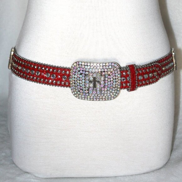 Western Red Bling Cross Belt & Buckle Aurora Borealis AB Crystal Accent SM